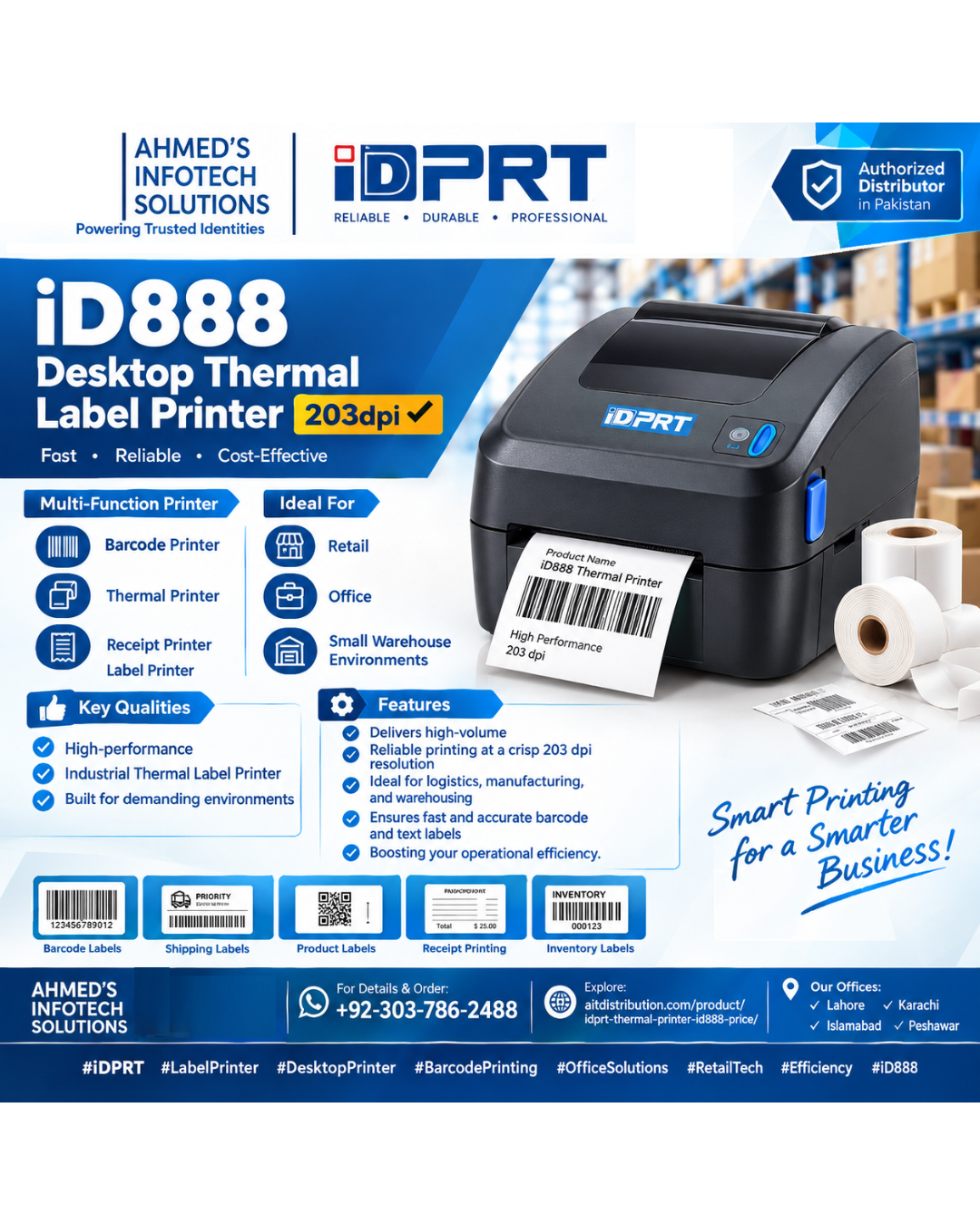 iD888 Desktop Thermal Label Printer 203dpi
